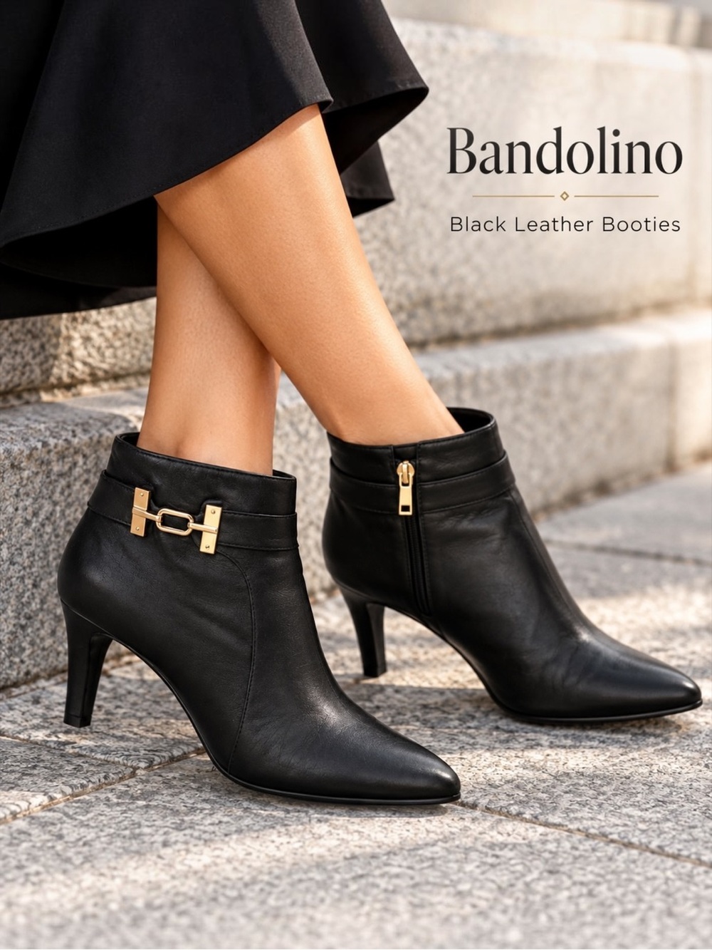 Bandolino Black Leather Pointed Toe Ankle Boots Gold Hardware Heel Size 8.5
